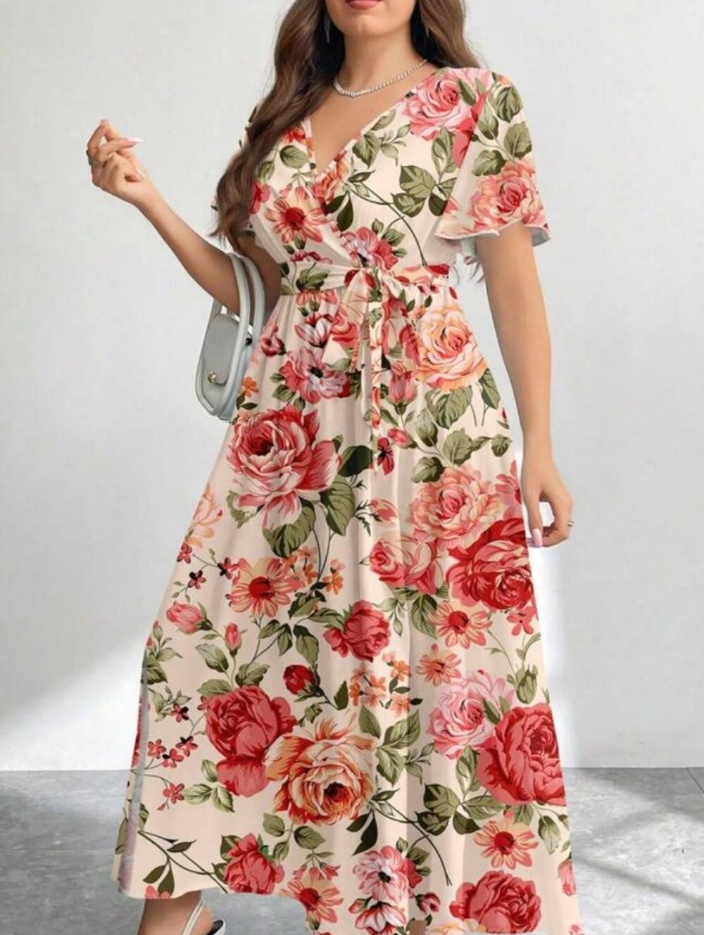 Emerald Pink & Green Floral Wrap Maxi Dress